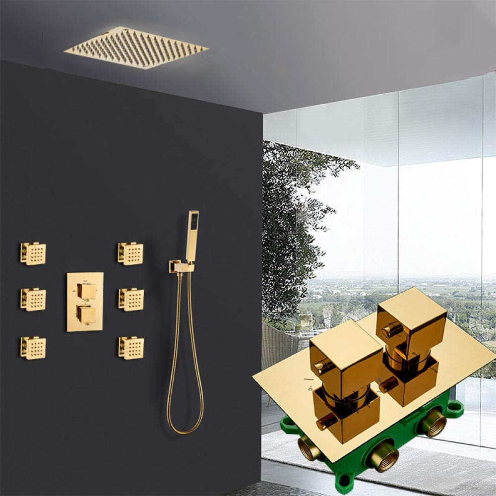 ASerZenith Gold Thermostatic Shower Faucets Set 3-Way Embedded Golden Thermostatic Mixer Tap with 6pcs Massage Jets Bath Shower Set(8In Full Set)