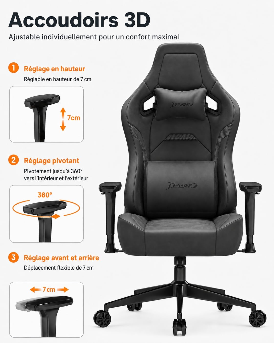 Devoko Suédine Chaise Gaming Confortable, Chaise Bureau Ergonomique avec Accoudoirs 3D, Fauteuil Gaming Inclinable 90°-135° for Gamer, Office, Charge Maximale 200Kg,Noir