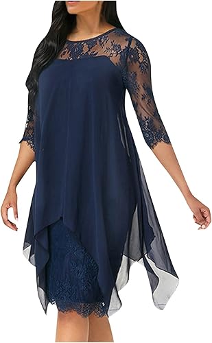 Vestidos de invitada de boda para mujer, elegante vestido formal de retazos de encaje, moderno vestido de gasa de manga 34 con dobladillo irregular