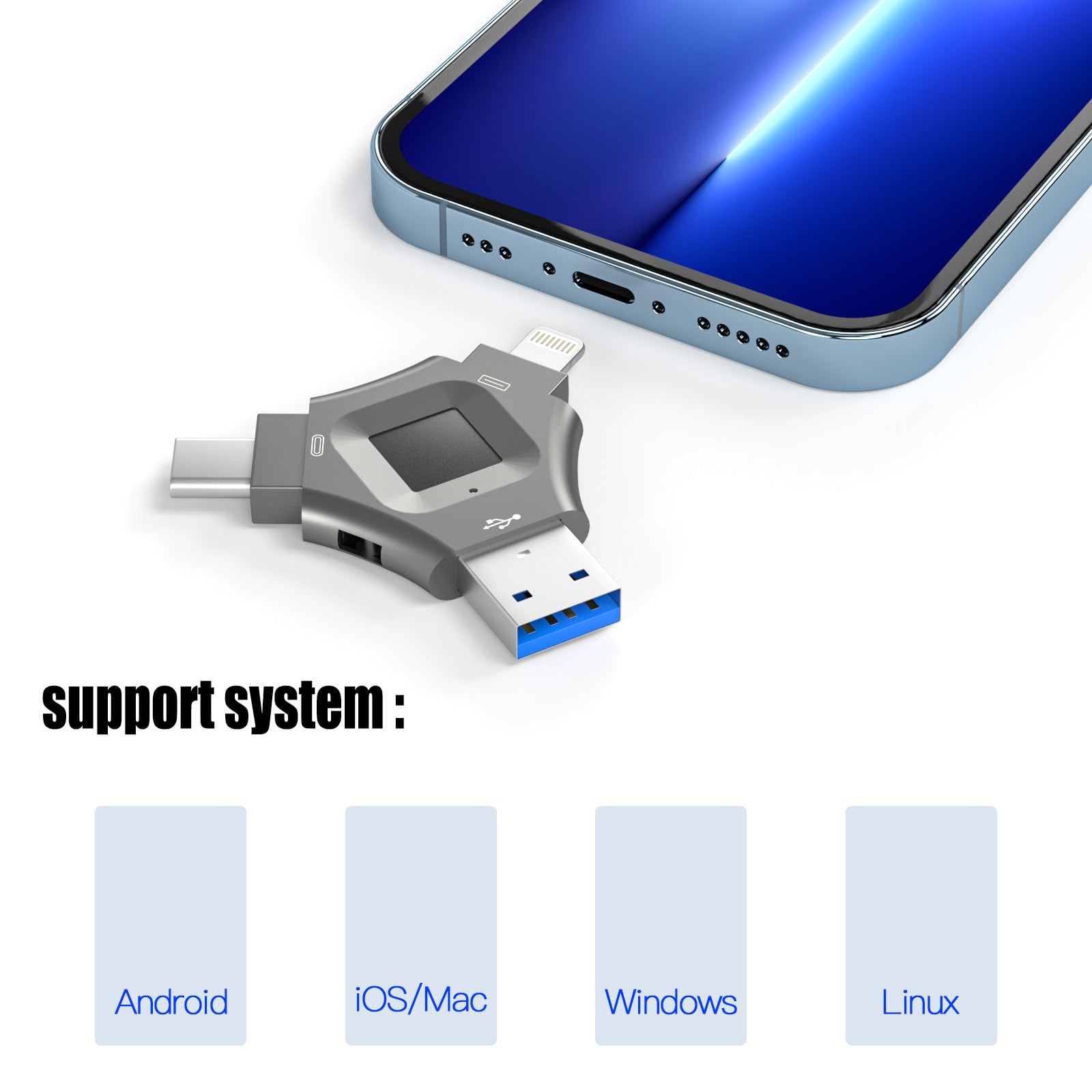 Clé USB 3 en 1 cryptée par Empreinte Digitale, 256 go/512 go, déverrouillage par Empreinte Digitale, pour téléphone Portable,512GB