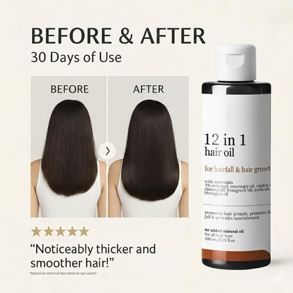 Herbal 12-in-1 Hair Oil | For Hair Growth, Hair Fall Control & Healthy Scalp | Redensyl, Rosemary, Castor, Amla, Coconut, Almond, Bhringraj | 100% Pure, Natural & Organic | For Men & Women | 100ml