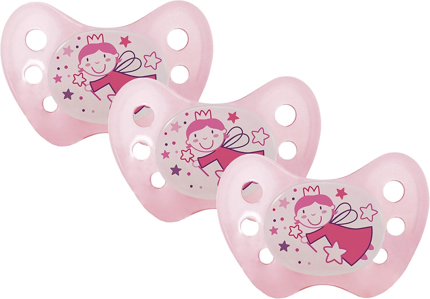 dentistar Night Silikon Schnuller 3er-Set - Größe 3, ab 14 Monate - Glow in the Dark Nuckel mit Dentalstufe – BPA-frei – Made in Germany - Fee, Rose