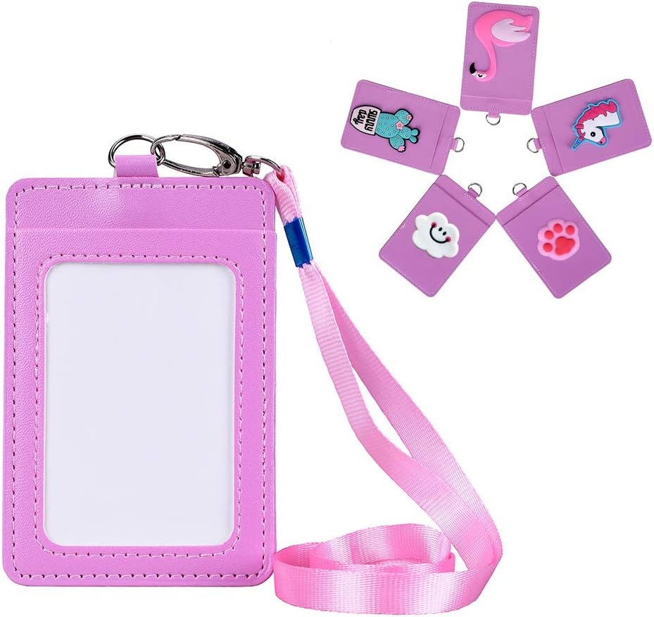 5-Pack ID Badge Holder with Neck Lanyard/Strap, Cute Design Double-Sided Card Slots PU Leather Card Holder Bus Pass Holder Travel/Offices/Students Badge Covers for Women Girls Kids
