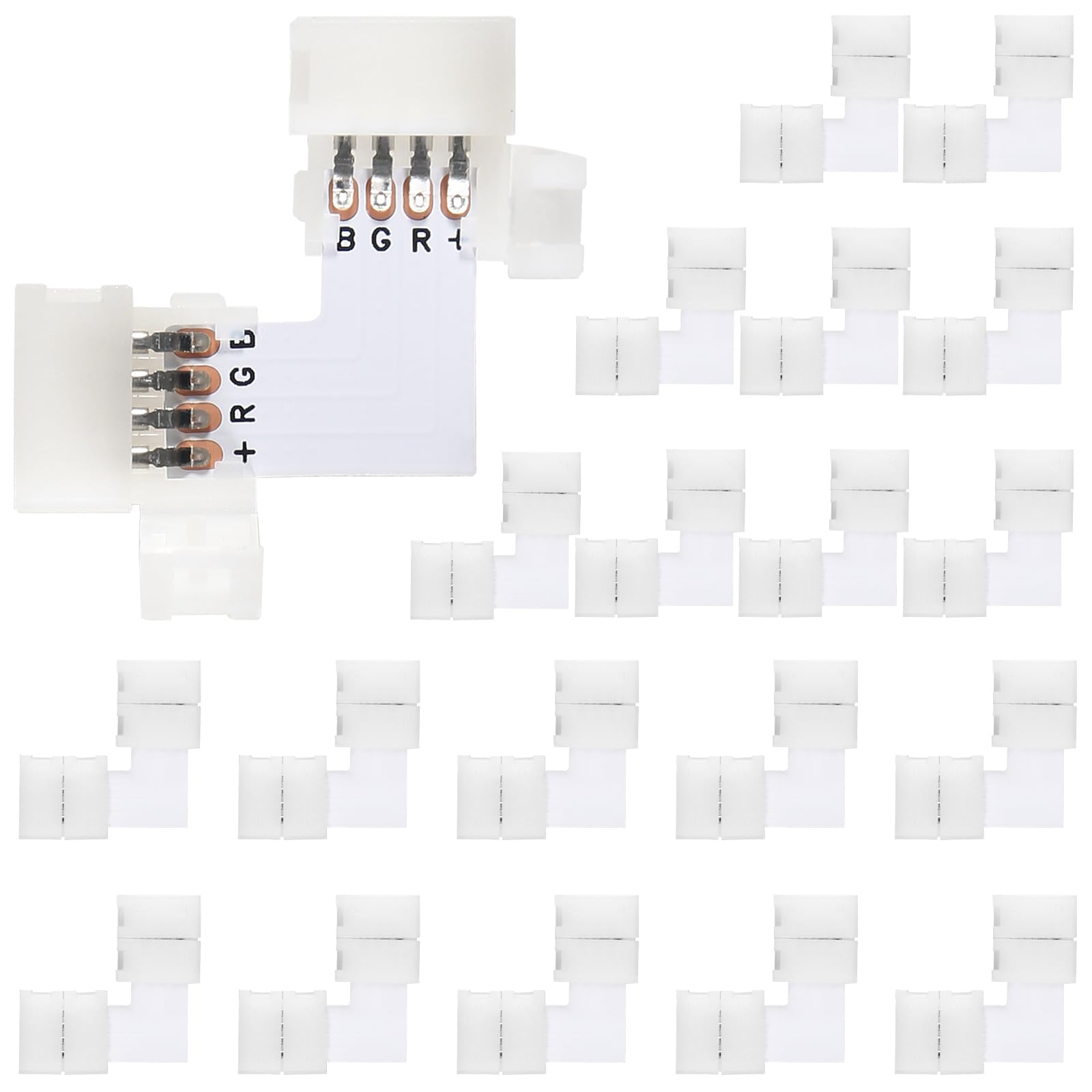 Dealikee 20PCS LED Light Connectors, 4 Pin L Shape LED Strip Light Connector, Solderless LED Corner Connector for 10mm Wide RGB SMD 5050 3528 LED Light Strips