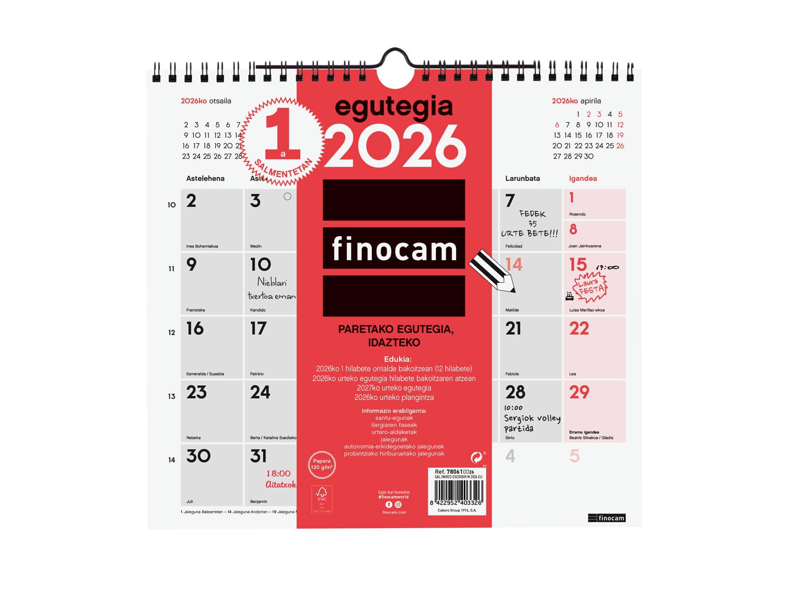 Finocam - Wall Calendar 2026 Month View January - December 2026 (12 Months) | Calendar 2026 to Note, Monthly Planner Neutral - Euskera