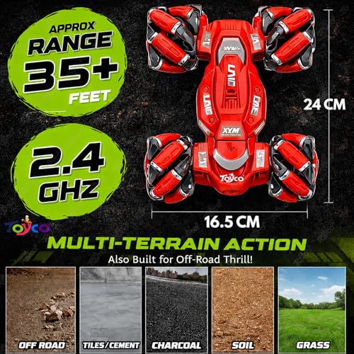 Image of toyco Remote Control Car Toy for Kids 4+ Years | Drift Rc Car 4x4 with 360 Stunt Rotation | Double Sided Driving, Omni Directional Wheels | USB Type-C Rechargeable | RGB LED Lights (Red 4x4 Drift)