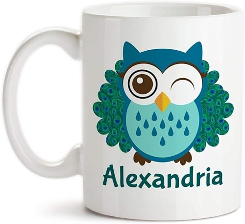 Personalized Owl Peacock Monogrammed Ceramic Coffee Mug Cute Bird Design Tea Cup