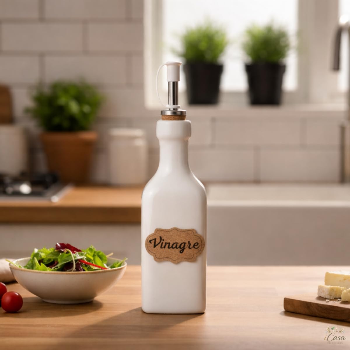 Galheteiro De Porcelana Branco Garrafa Porta Vinagre Com Bico Dosador Inox Com Tampa