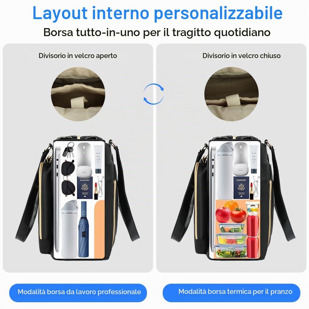 Aolso Lunch Tote Bag da donna 2 in 1, 15,6 Pollici Borsa per il Pranzo Isolata, Borsa per Computer Portatile con Scomparto per il Pranzo, Borsas Termica per Lavoro, Ufficio e Università, Nero