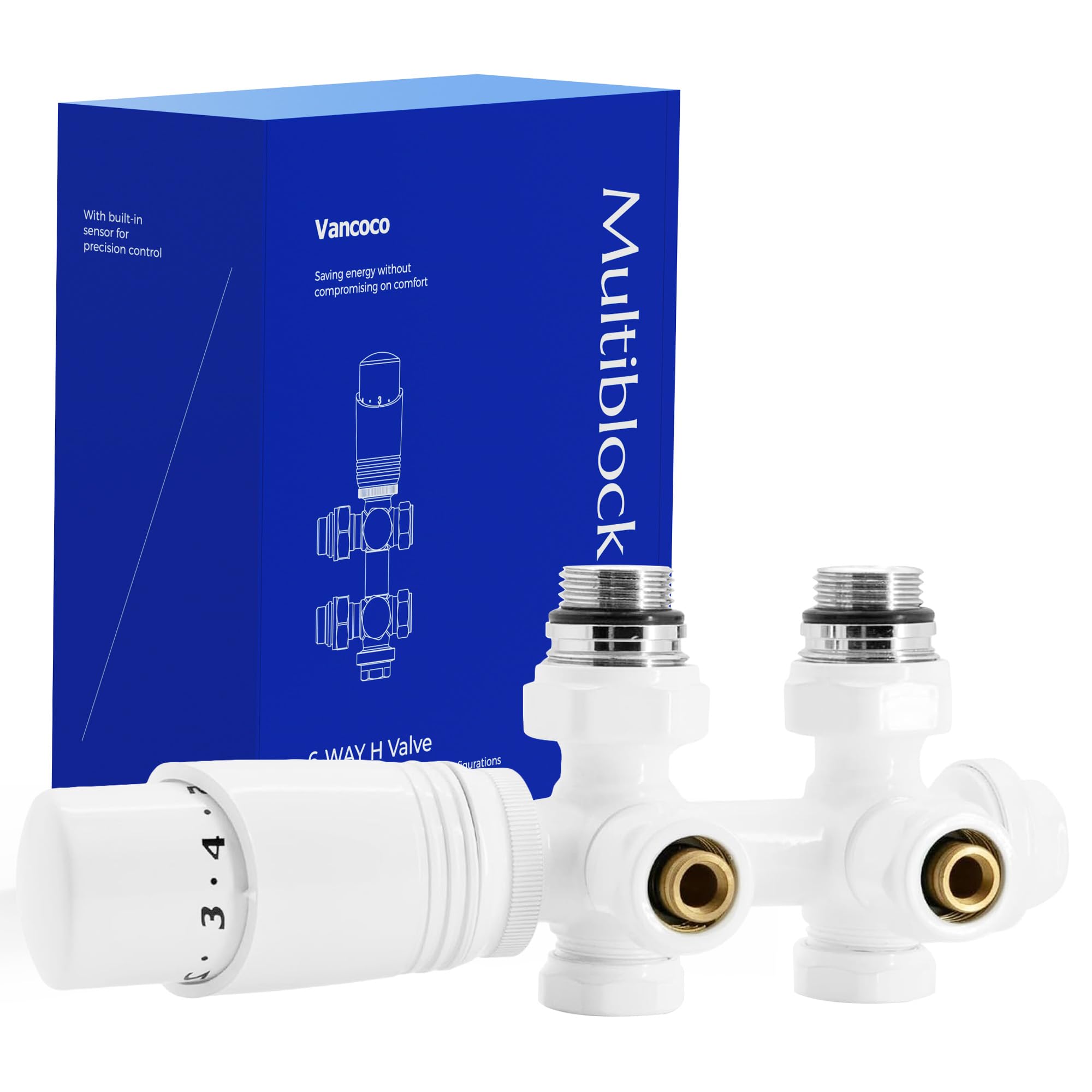 VANCOCO Bianco Valvola Radiatore Angolare H, Attacco Centrale 50mm Universale con Testa Termostatica