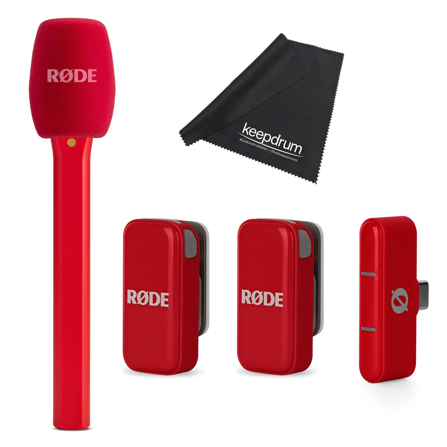 Rode Wireless Micro Drahtloses Mikrofon-System USB-C Rot mit Interview Micro Handadapter Rot und keepdrum Tuch