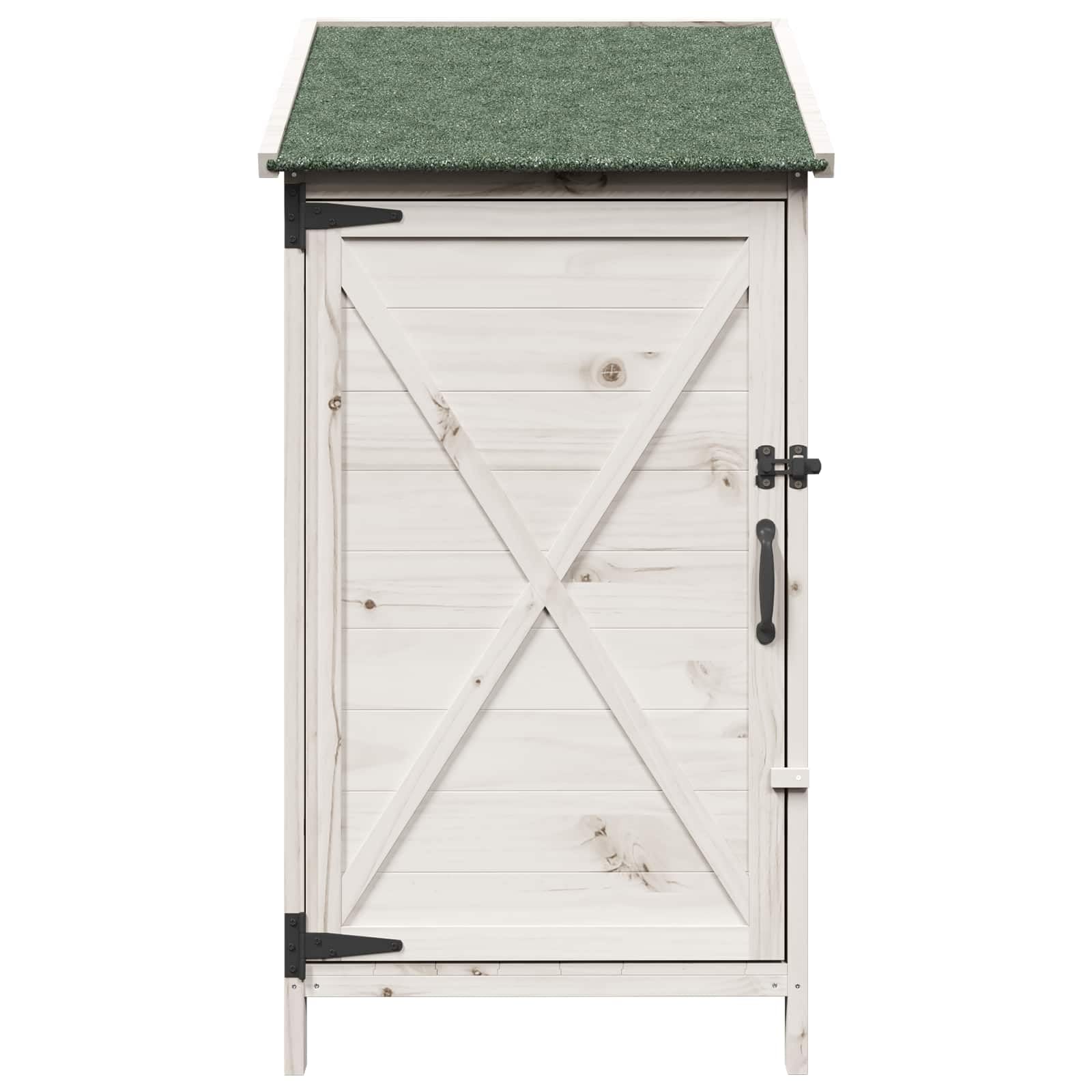Drewniany domek ogrodowy, biały, 59,5 x 56 x 113,5 cm, z materiału drewnopochodnego z drzwiami wentylacyjnymi i nachylonym dachem asfaltowym do przechowywania narzędzi ogrodowych