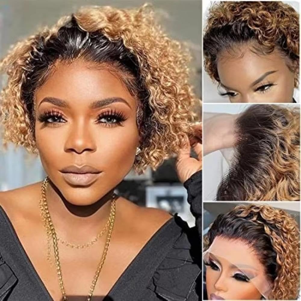 Haarpflege Honigblond Wasser Tiefe Welle 13 X 1 Spitze Afro-Locken Kurze Bob-Echthaar-Perücken Natürlich