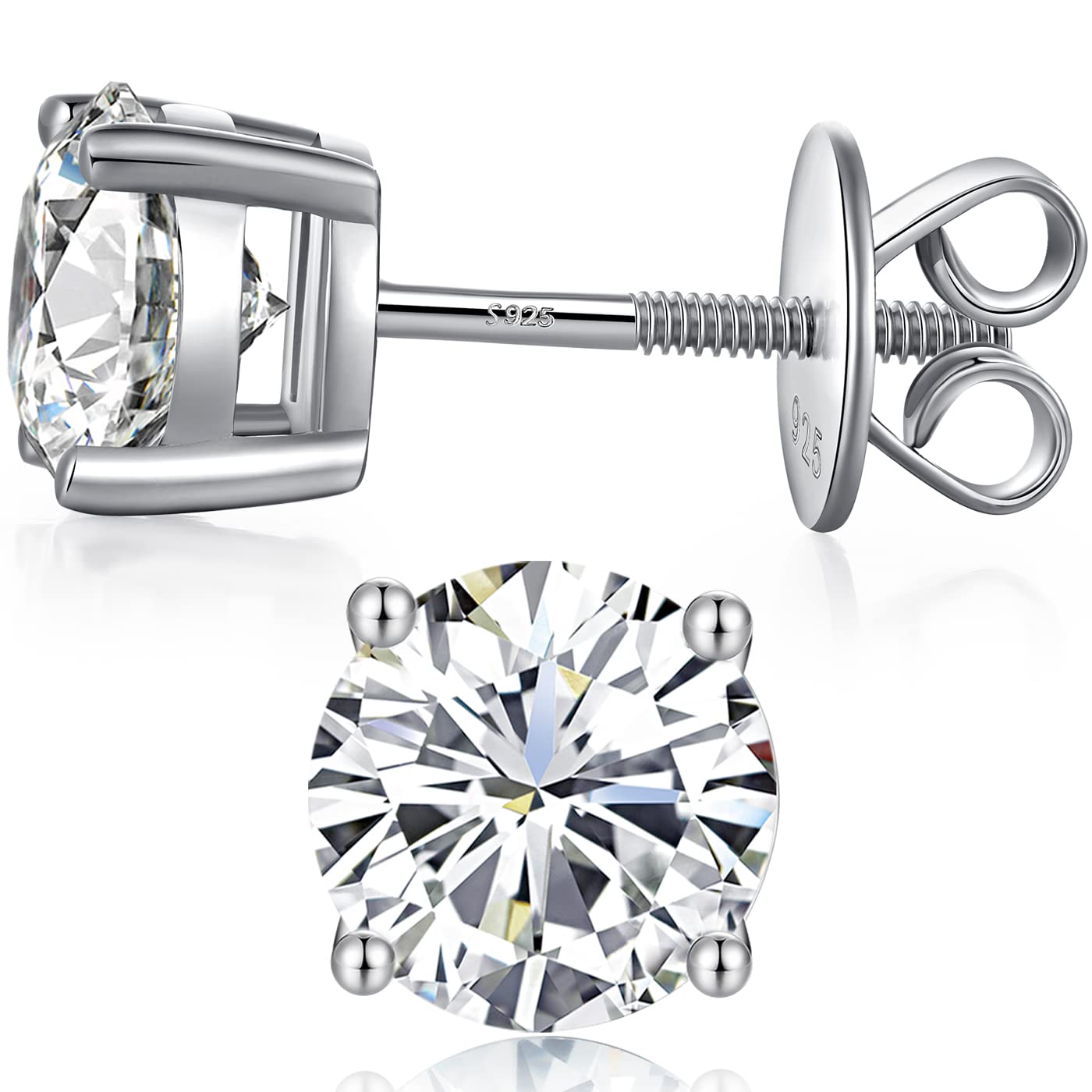 Miaofu 18K White Gold Plated Simulated Diamond Earrings for Men Women Cubic Zirconia Stud Earrings 925 Sterling Silver Screw Back CZ Stud Earrings 4MM-8MM for Unisex