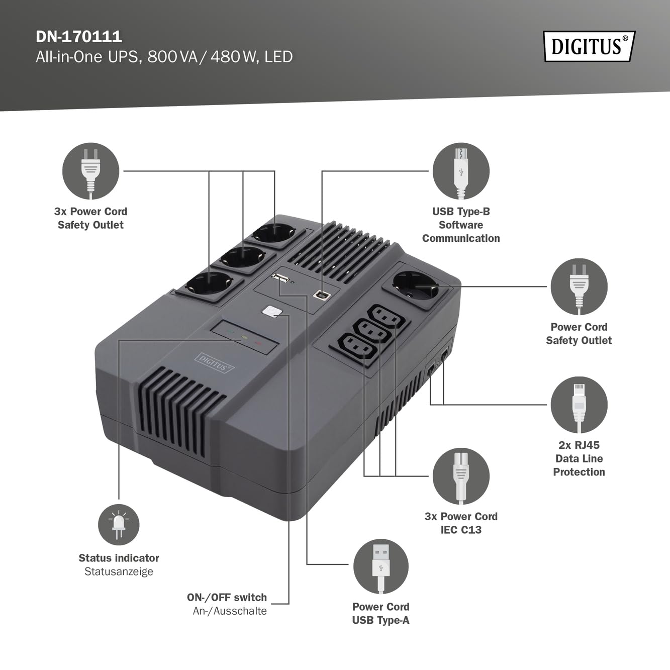 DIGITUS Gruppo di continuità – Sistema UPS All-in-One – 800VA 480W – AVR – 4 prese con messa a terra – 3x C13 – Software di monitoraggio UPS – Porte USB e RJ45