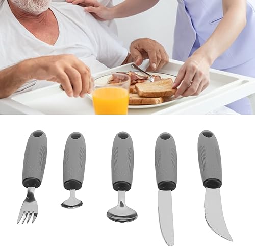 Miniatura 3 de Juego de utensilios adaptables para ancianos, 5 utensilios de acero inoxidable con mango de goma, utensilios con peso imédicos, utensilios con peso