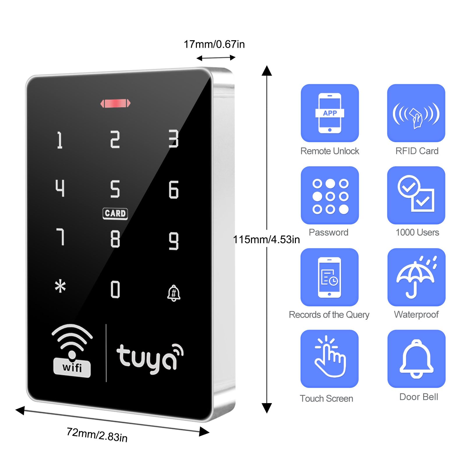 Panel de control de acceso WiFi S10 Tuya plateado + 10 tarjetas de acceso IC azules, IP68 impermeable, control de acceso completo de nivel básico y kit de seguridad.
