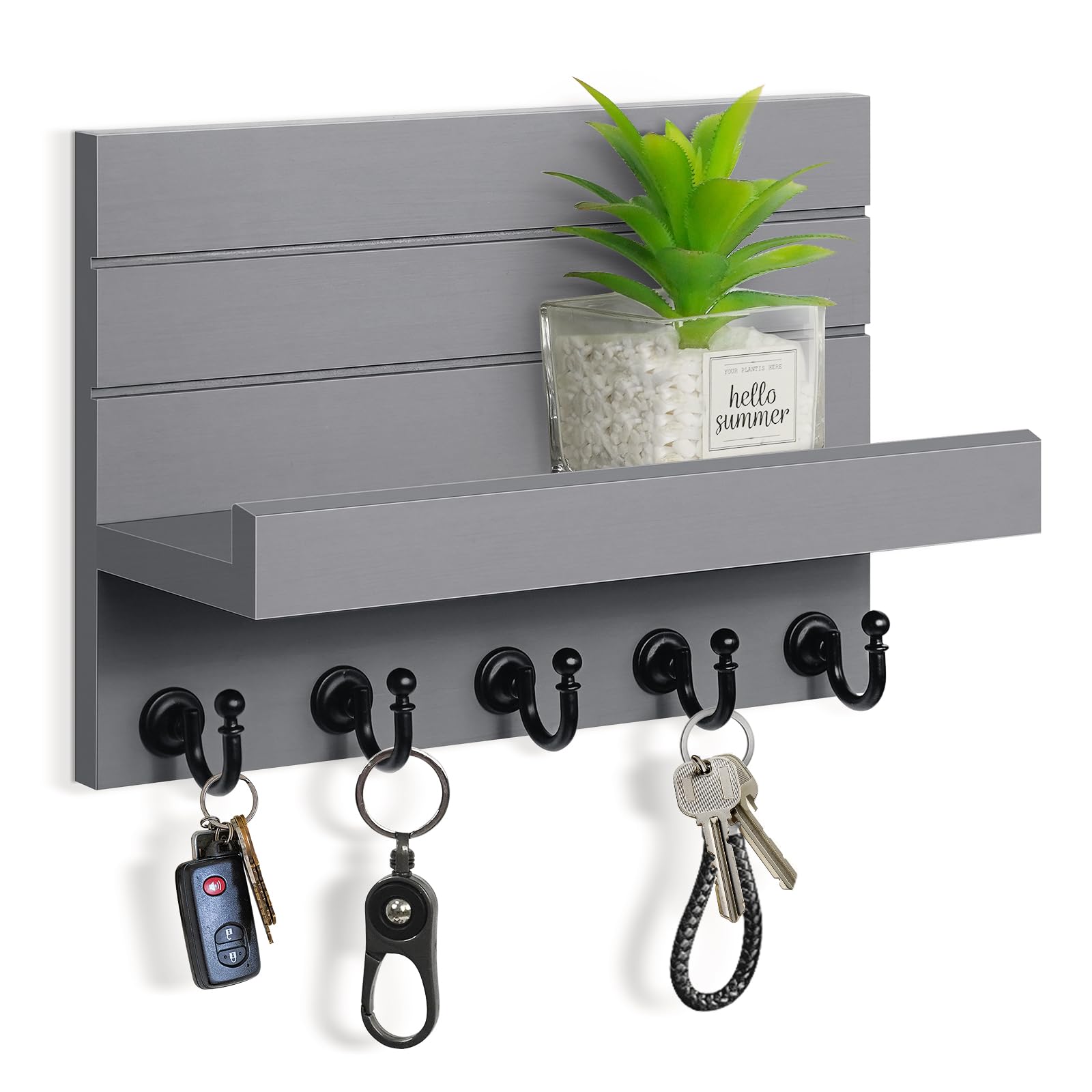 Honjin Grey Key And Mail Holder For Wall: Rustic Key Hanger Key Rack Organizer With 5 Sturdy Key Hooks For Entryway Bedroom Kitchen House Decor (Grey)