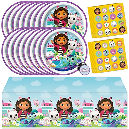Gabby Dollhouse Party Decorations | Gabby Dollhouse Birthday Decorations | Tablecover, Plates, Napkins, Button | Serves 16 |