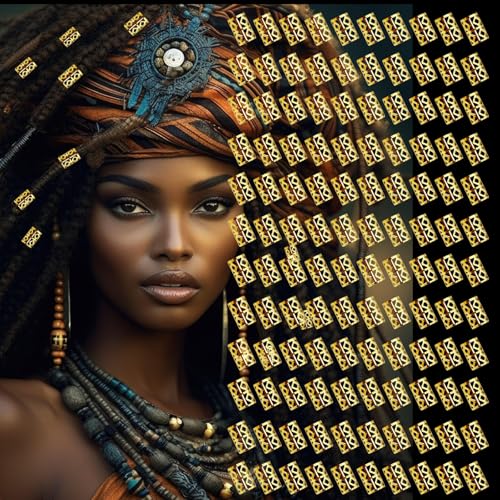 120 piezas de joyería para trenzas, accesorios metálicos dorados para dreadlocks, anillos, puños y clips para decoración de cabello miniatura 3