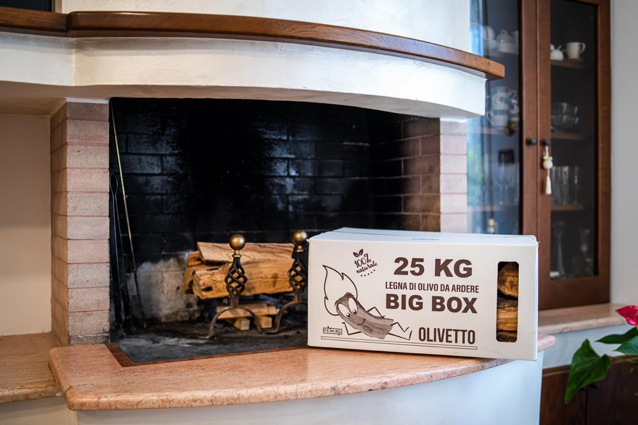 BIG BOX FEMIRO - Legna da ardere in SCATOLE da 25 Kg. Legna di olivo su bancale ideale per camini, stufe, forni, pizzerie e barbecue. Confezioni da 25 a 500 kg. (50 Kg)