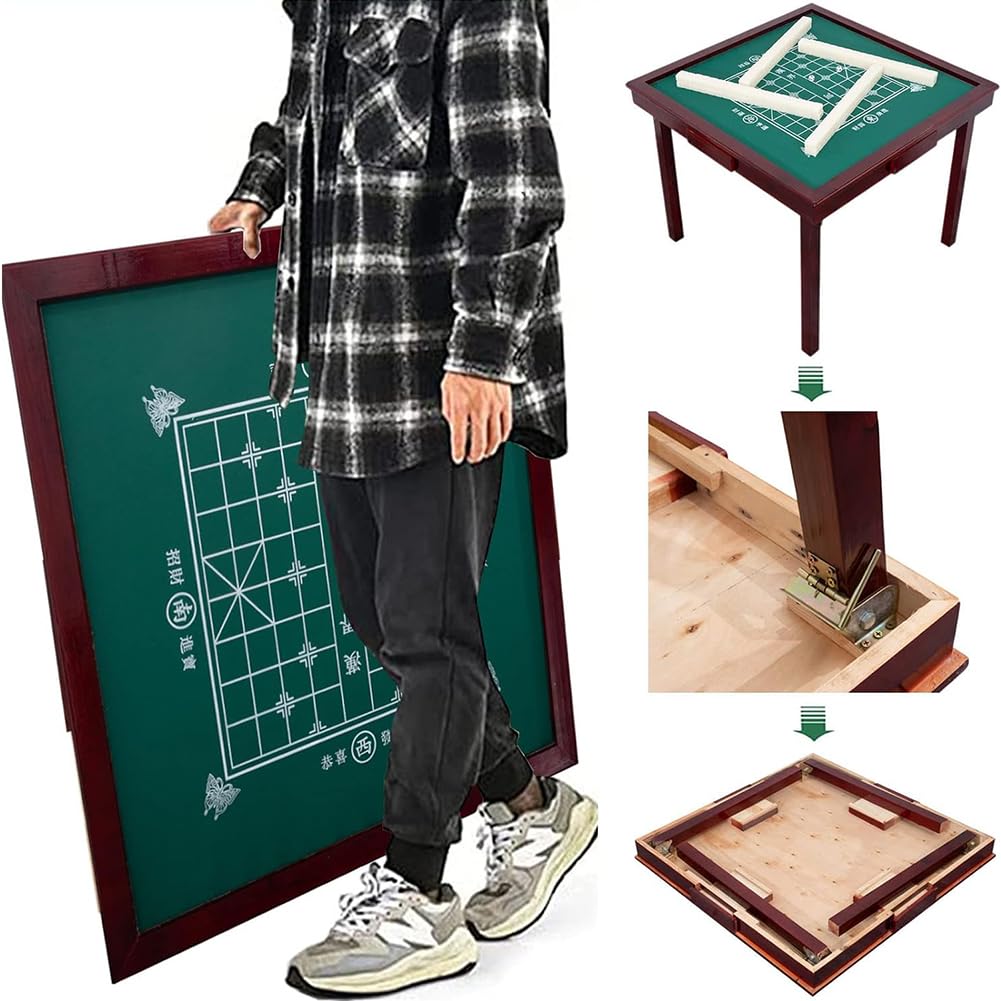 Tavolo Mahjong Pieghevole, Piattaforma di Gioco Mahjong in Legno, Tavolo da Gioco Domino A Pieghe Multifunzionale con Portabicchieri E Mini Cassetti,with Lid