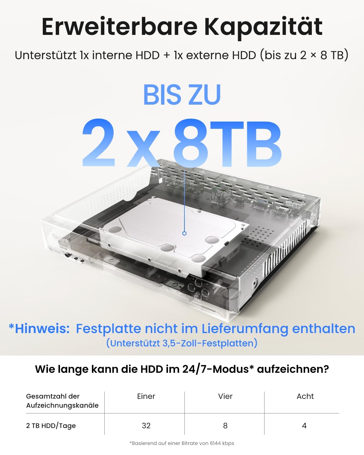 Reolink 8CH 4K PoE NVR Überwachungssystem Rekorder, Videoüberwachung für Haus, Innen, Aussen Sicherheit. Unterstützt 16MP/12MP/4K/5MP/4MP HD IP Kameras, RLN8-410 NHD (Ohne Festplatte)