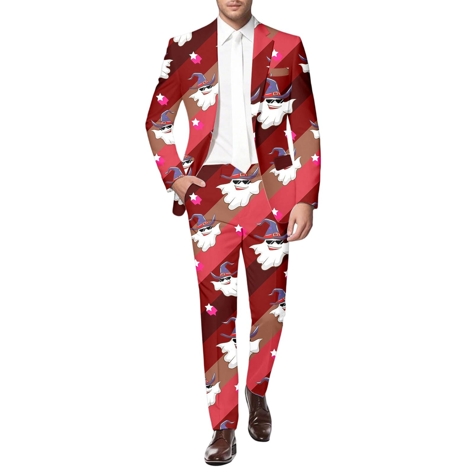 Sakko Herren 2-Teilig Set Halloween Kostüm Schwarz Weiß Allover-Print Einreihig Krawatte Anzughose Party Outfit Bühnenauftritt Freizeitanzug Hosenanzug Businessanzug Oberteil und Lange Hose für Party