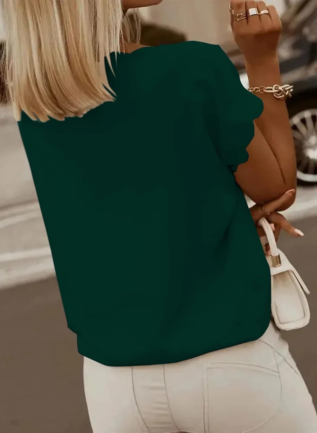 miduo Womens Scallop Trim Summer Fashion Solid Short Batwing Sleeve V Neck Blouses Tops - Image 5