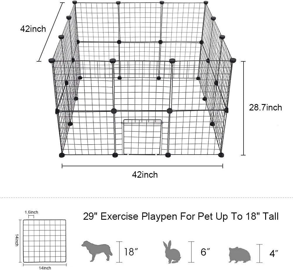Pet Playpen for Small Animal Portable DIY Puppy Kennel Metal Grid Cage with Door and Cable Tie Indoor Outdoor Exercise Pen Play Yard for Guinea Pig Cat Rabbit Ferret Bunny, Black