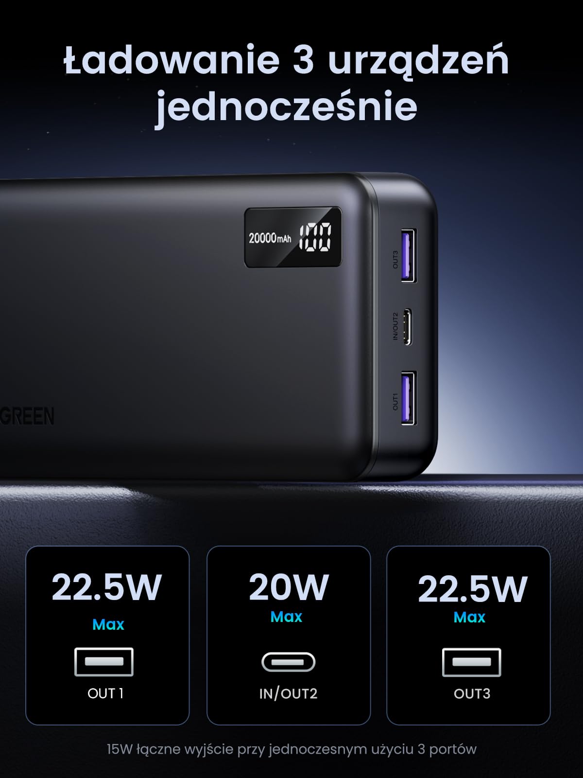 UGREEN Power Bank 20.000mAh 22.5W, Zewnętrzny bank energii z wejściem i wyjściem USB C PD 20W Powerbank z cyfrowym wyświetlaczem, kompatybilny z iPhone 15 Pro/Pro Max/15/14, Galaxy S24 Ultra innymi.