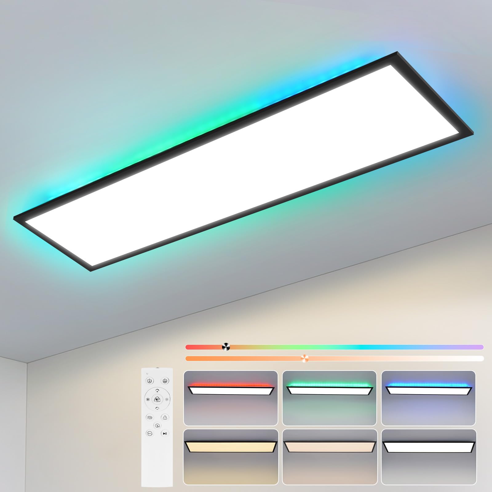 Deckenlampe LED Panel 120x30cm - Deckenleuchte Dimmbar 36W | Farbwechsel Flach Bürolampe Stufenloses Dimmen 10 100 Deckenpanel Küchenlampe mit Fernbedienung RGB Vier Modi Wohnzimmer Büro