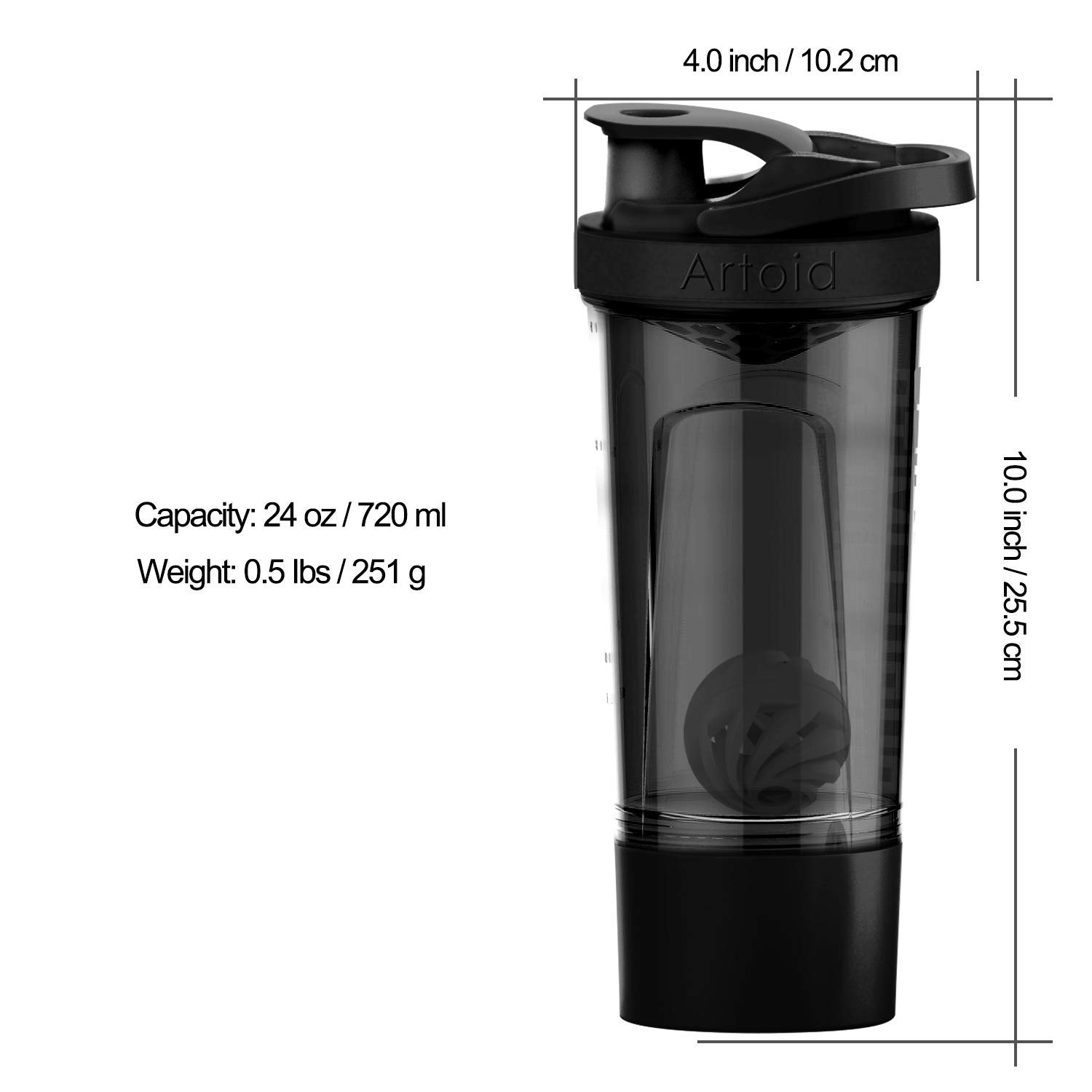 Artoid Mode Czarny Szary 720ml sportowa butelka do ćwiczeń fitness proteinowych z 200ml pudełkiem do przechowywania białek Twist and Lock, wolna od BPA