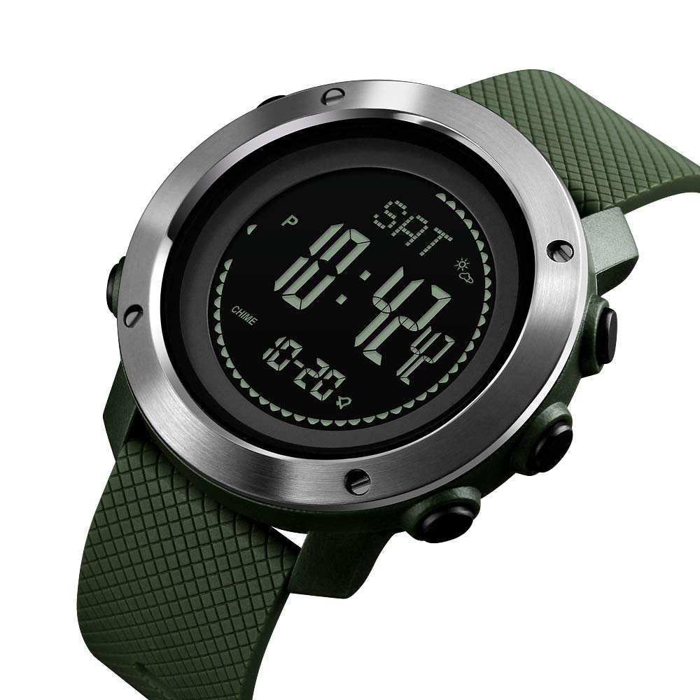 TONSHEN Kompas Zegarek Męski i Kobiety Outdoor Sport Wielofunkcyjny Cyfrowy LED Elektroniczny Wysokościomierz Termometr Pedometr Kalorie Alarm Data Zegarki Bransoletka (Zielona Stal)