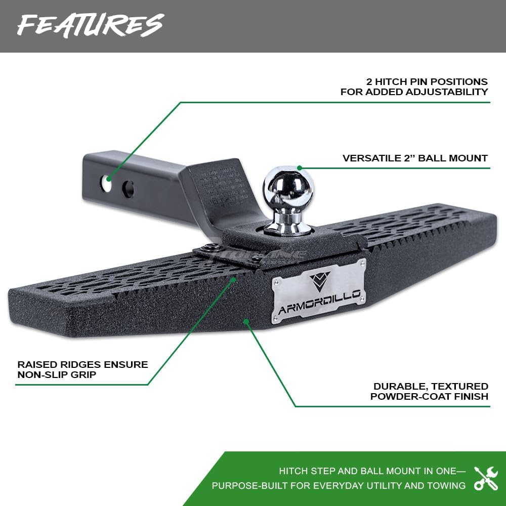 7422439640696 Universal Compatible with 2" x 2" Towing Receiver Textured Black 2" Drop Wide Mesh Style Trailer Tow Mount Rear Hitch Step Bar Bumper Guard with 2" Ball Mount