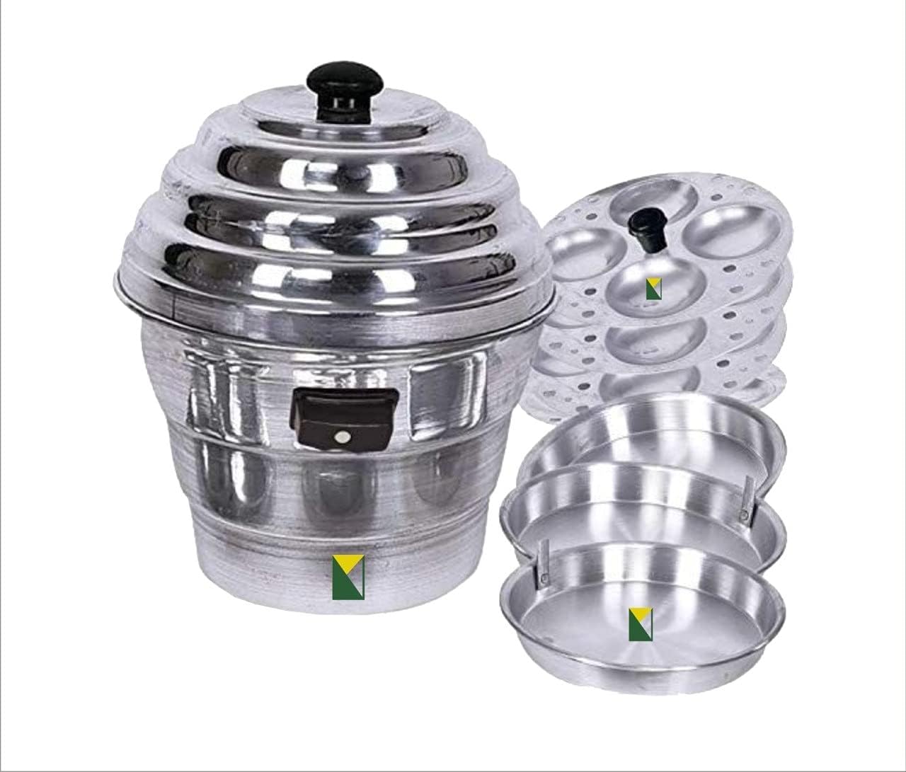 KITCHEN NEXT Aluminium Idli Maker Cooker with 4 Plates+ 2 Plates Steamers (2 Dhokla khamman Plate + 1 Patra Plate), 9.5 Diameter Silver, Standard
