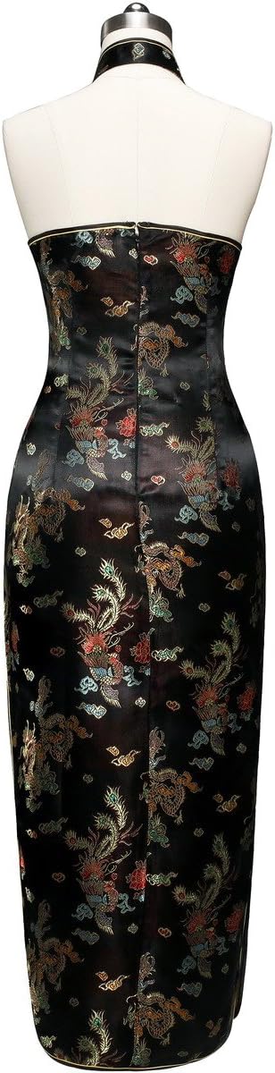 7Fairy Women's Black Backless Long Chinese Prom Dress Dragon Halter