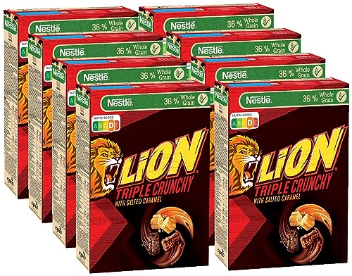 Nestlé Lion Triple Crunchy, knusprige Frühstücks-Cerealien in Churros-Form mit Milchschokolade & Salted Caramel, 36 % Vollkornanteil, 8er Pack (8x300g)