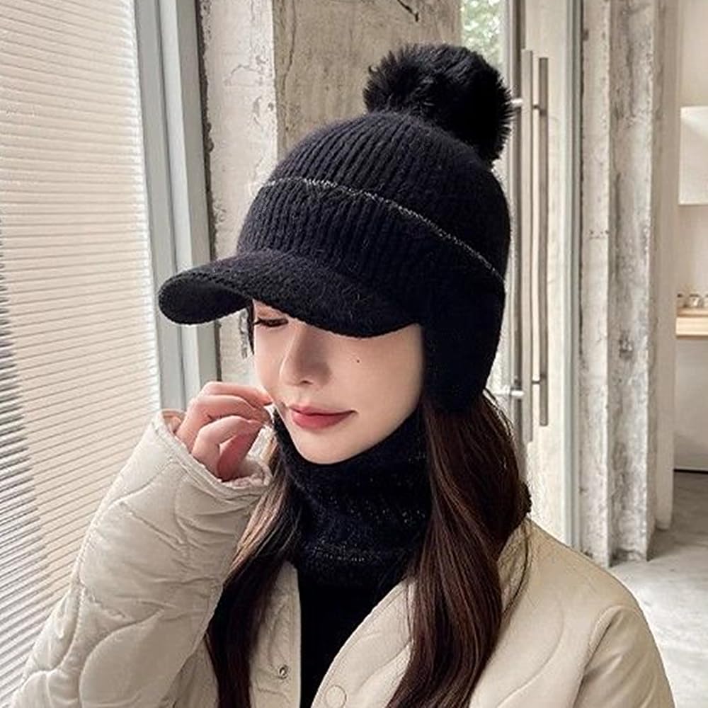 Fashion 2 Pieces/Set Women's Winter Knitted Hat Warm Elastic Soft Ear Protection Scarf Mask Fleece Lined Hat image 4