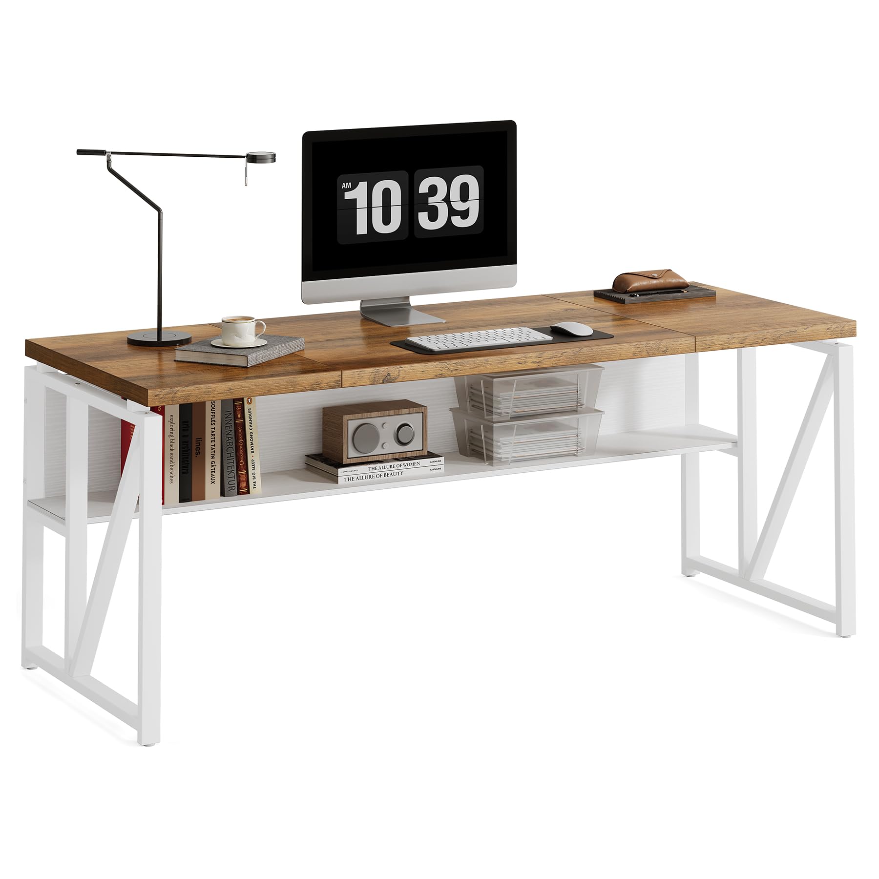 LITTLE TREE 63-Inch Executive Office Desk, Large Computer Desk with Storage Shelf, Executive Desk with Metal Frame, Thickened Desktop, Study Writing