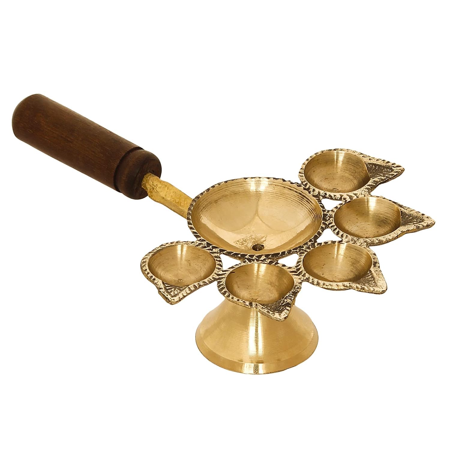 trinity Designs Brass Diya Panch Deep Pooja Items Glossy Finish Pooja Deepam Diya with Wooden Handle Take it Easy with Love Deepam Kundulu -1 Piece Pooja Lamp Brass