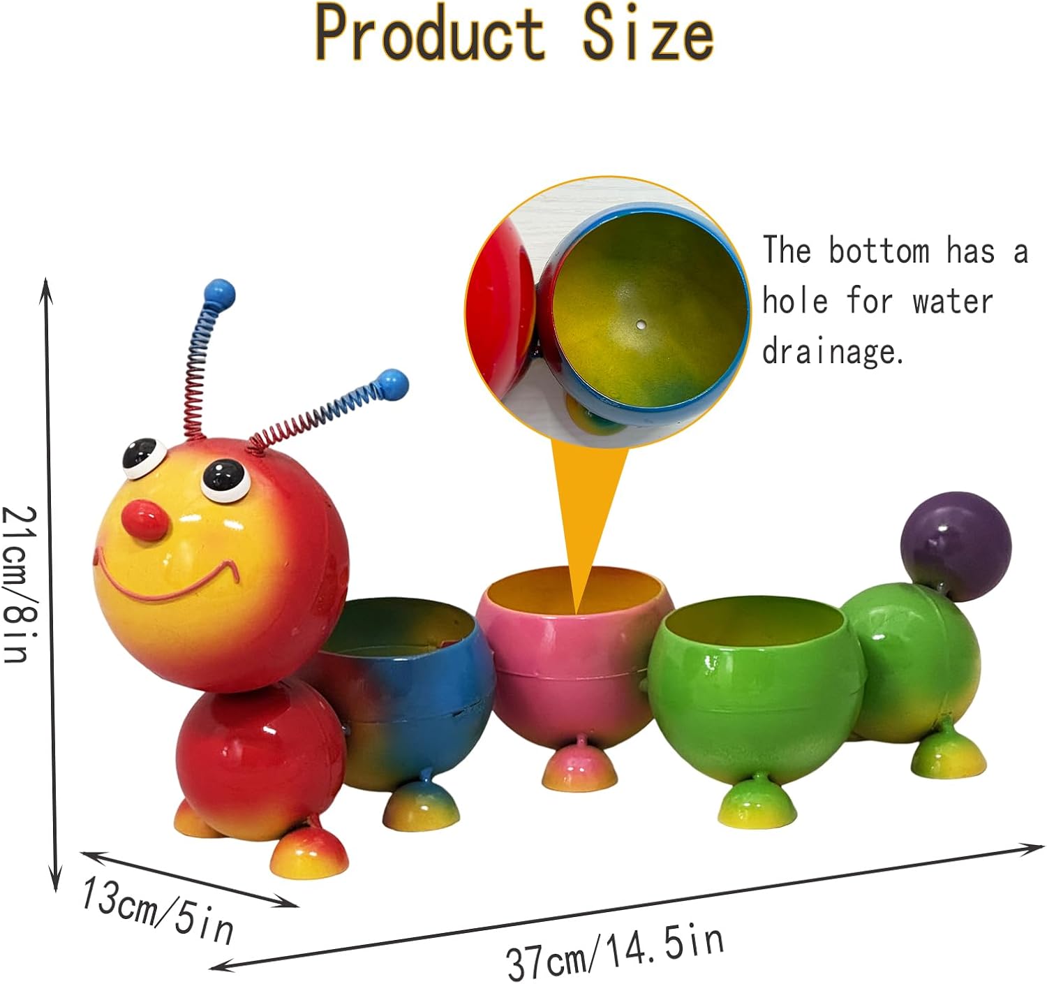 Cute Caterpillar Flower Pot Metal Yard Art Garden Decor Mini Plant Cactus Succulent Planter for Indoor&Outdoor Decor, Gift for Mom Grandma-Colorful