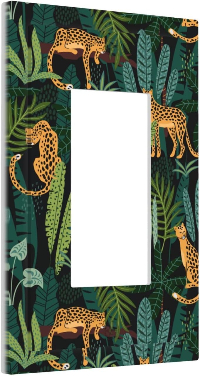 Leopard Jungle Wild Animal 1 Gang Single Rocker Light Switch Cover for Boys Bedroom Bathroom Faceplate Green Tropical Leaves Cheetah Decorative Wall Plate Mid Size