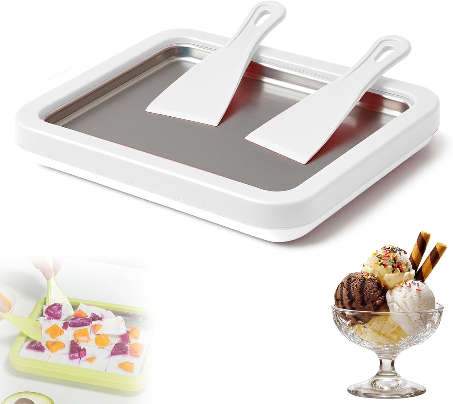 At-Home Rolled Ice Cream Maker Kit Instant Freeze Plate with 2 Scrapers DIY Ice Cream Roll Tray for