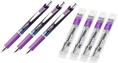 Pentel EnerGel RTX - Bolígrafo de gel retráctil, punta de aguja, tinta violeta, punta media Pentel paquete de 3, repuestos de EnerGel LRN7-V, punta