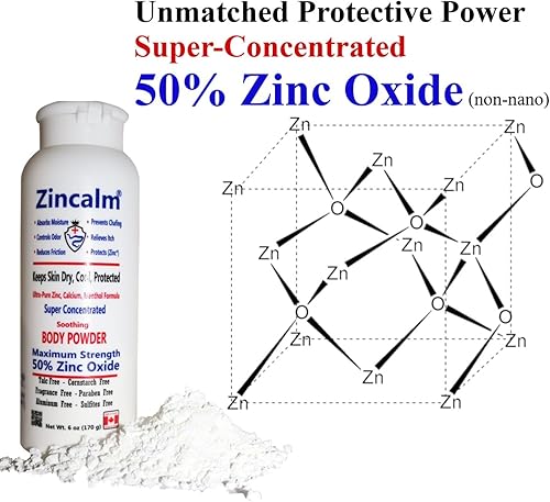 Miniatura 8 de Polvo corporal Zincalm Potente 50% ZINC Sin maicenaTalco Absorbe la Humedad Antirozaduras, Antifricción y Alivio de la Picazón. Mantiene la piel