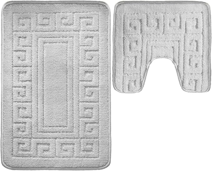 FabFill Greek Bathroom Mat Set 2 Piece – Bath and Toilet Mat Set, Non Slip Toilet Floor Mat & Pedestal Mat, Soft Absorbent Washable Bathroom Mats (Grey)