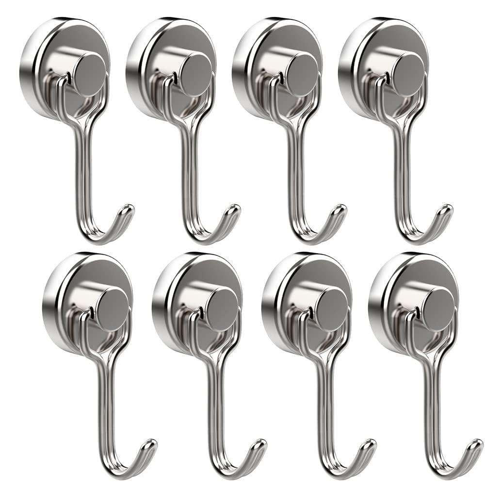 Swivel Magnetic Hook 8 Pack, Heavy Duty Magnet Hook with Scratch-Resistant Base for Refrigerator, Wall, Door, Bathroom, Kitchen & Magnetic, Wall Hanger Hooks for Coat, Towel, Key, Kitchenware, Silvers