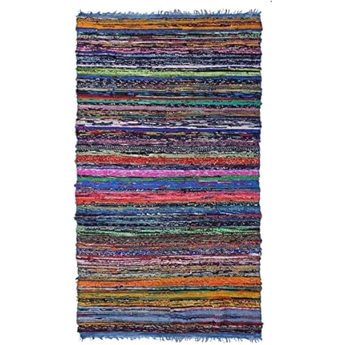 Ekakshx Blue Recycled Cotton Chindi Runner Rug (4*6 Feet, Multi Color Striped)