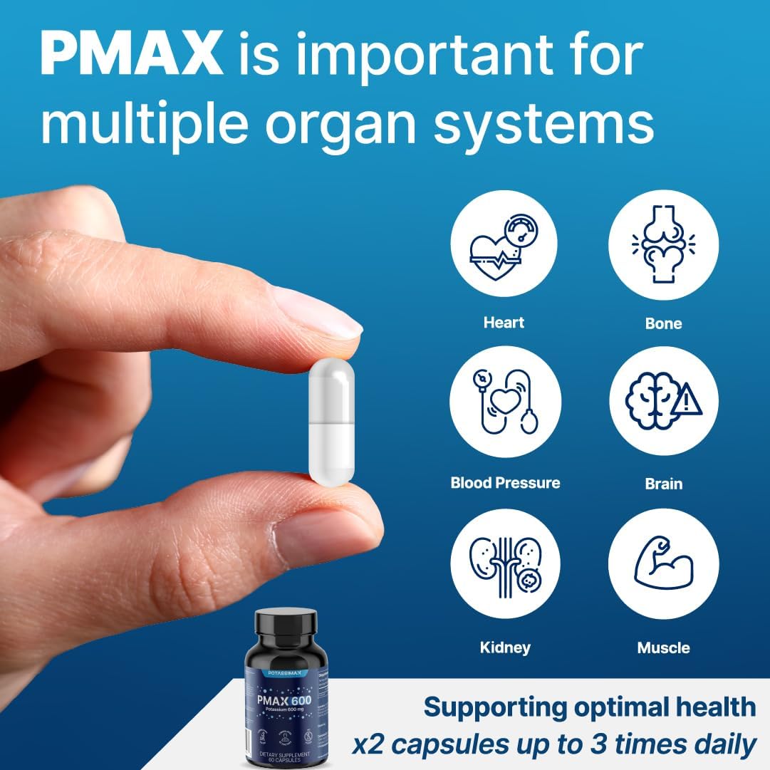 PMAX600 High Dose Pure Potassium Electrolyte Supplement 600mg Capsules 4-Type Potassium Blend-Citrate, Gluconate, Bicarbonate,Chloride. Supports Healthy Blood Pressure, Heart, Kidneys, Bones, Muscles